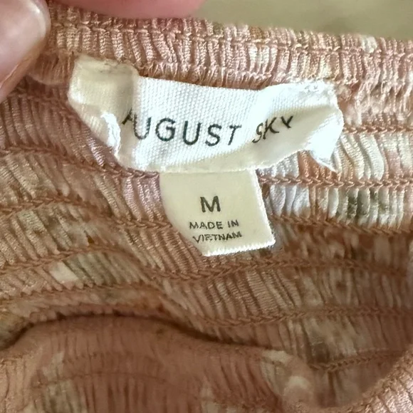 August Sky Smocked Floral Light Pink Midi Dress with Ruffle Sleeves - Picture 3 of 5